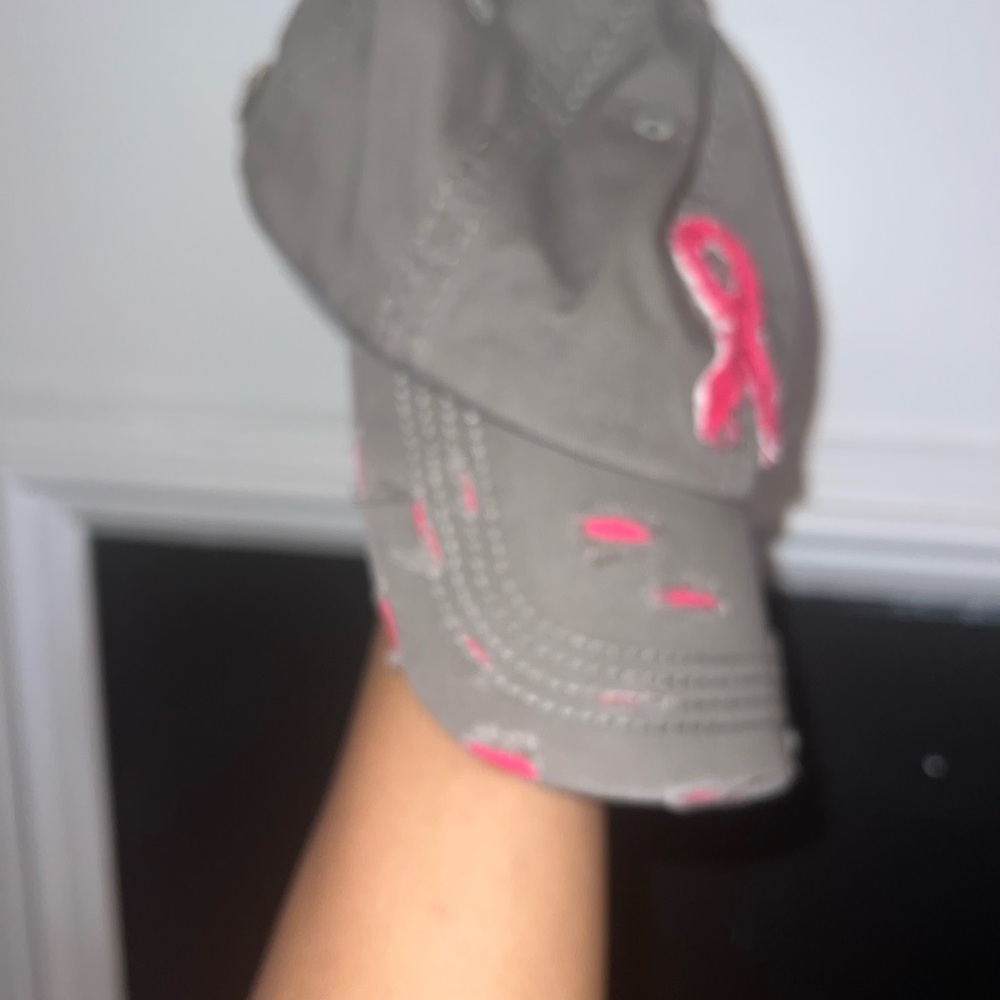 Gray Breast Cancer Awareness Cap with pink ribbon